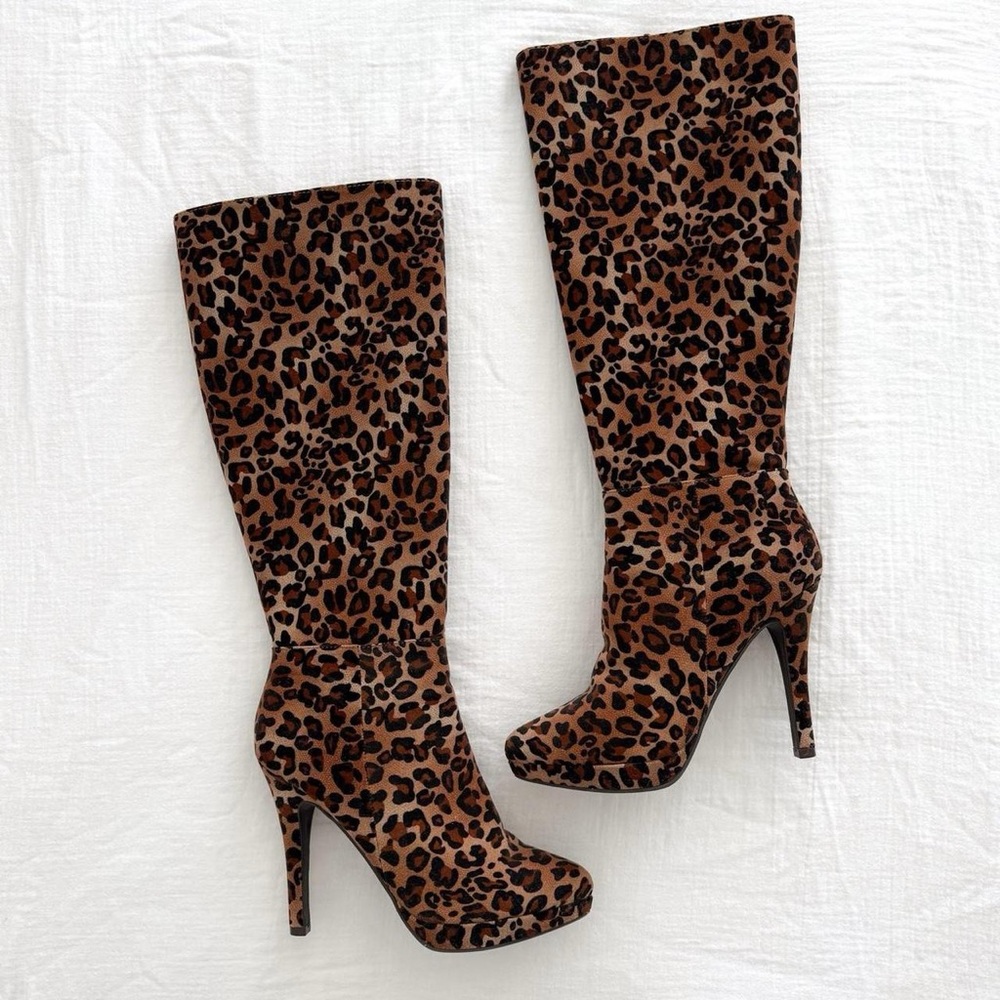 Leopard Print Knee High Heeled Boots